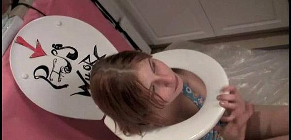  Teen piss whore Dahlia licks the toilet seat clean